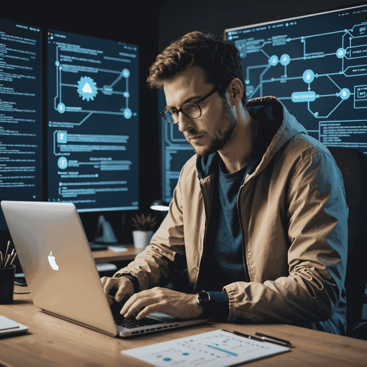 Ilustración de un desarrollador trabajando en una computadora portátil con diagramas de flujo y código en el fondo