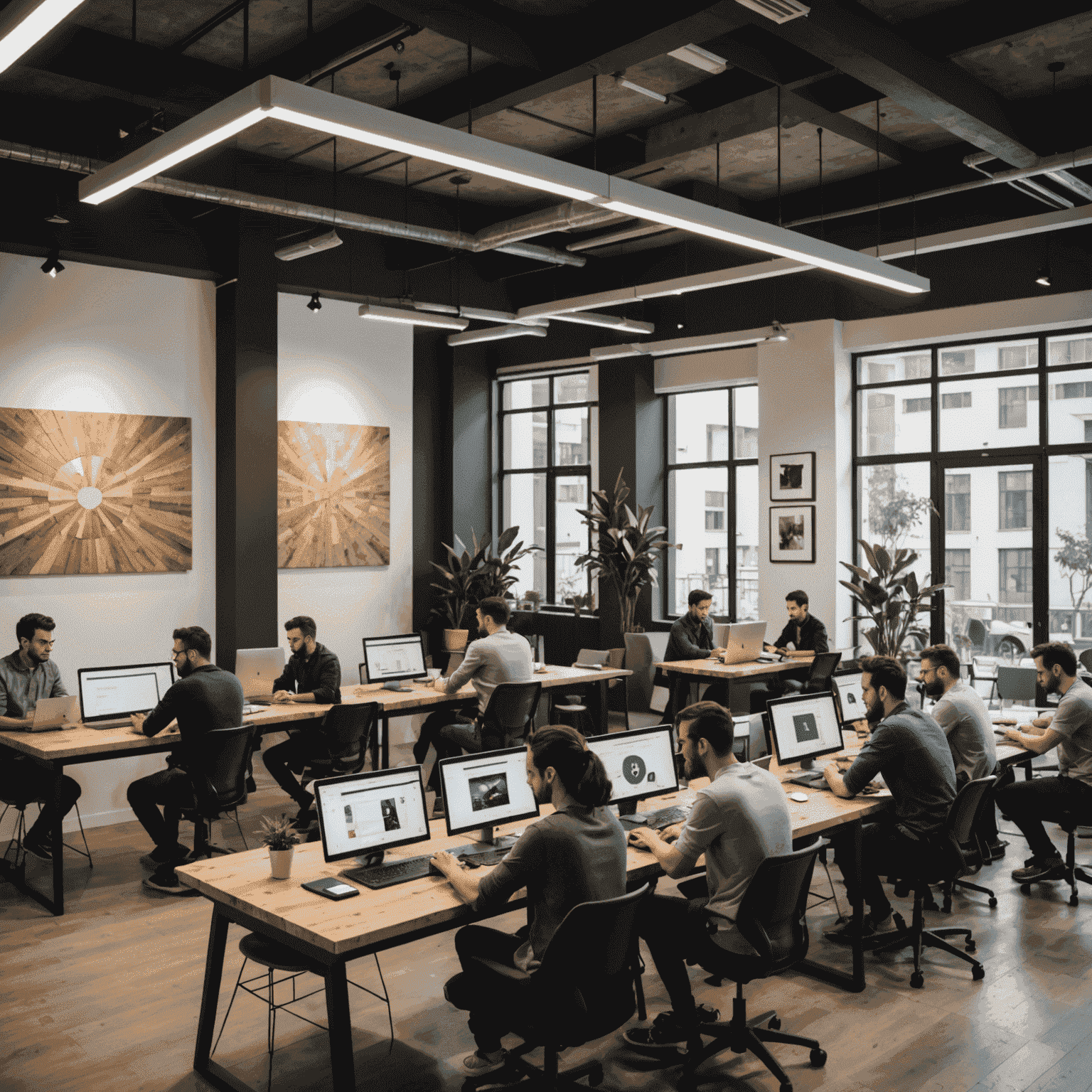 Imagen de un moderno espacio de coworking en Ciudad de México, lleno de desarrolladores trabajando en sus laptops