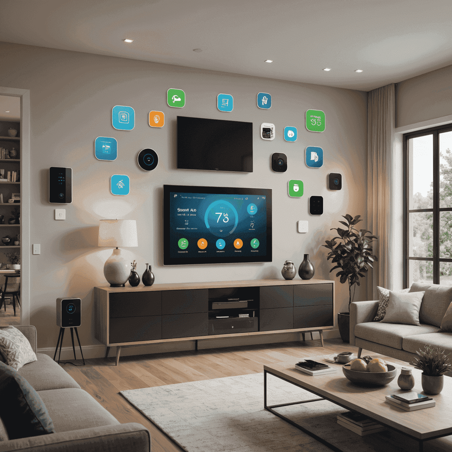 Imagen de una casa inteligente con dispositivos conectados y un panel de control central. La imagen muestra varios dispositivos como termostatos inteligentes, luces LED, cámaras de seguridad y un asistente de voz, todos interconectados.