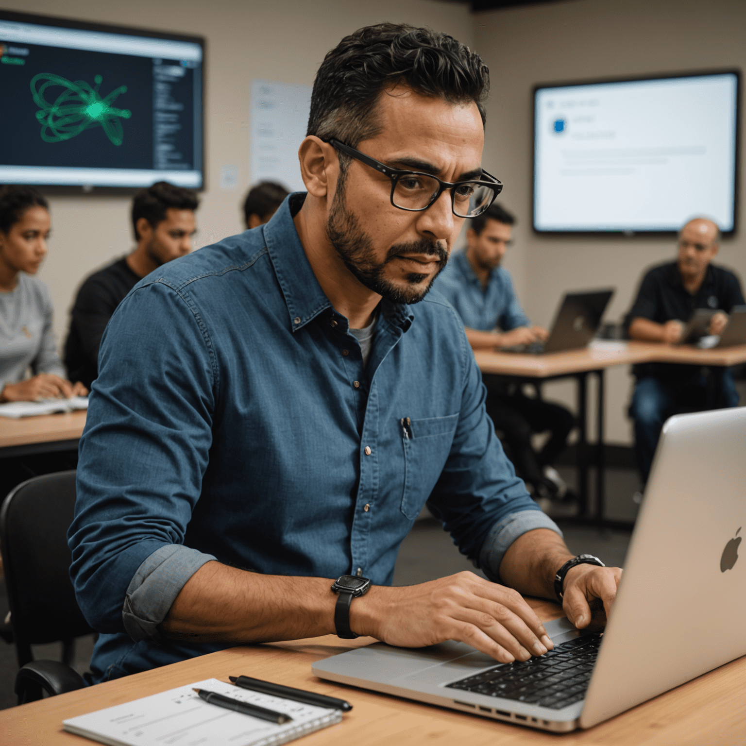 Foto de Carlos Ramírez, instructor principal, explicando código en una laptop