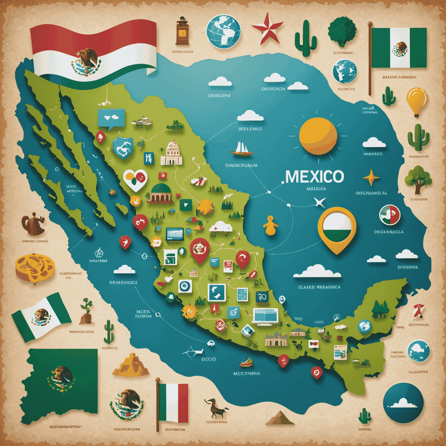 Imagen que muestra un mapa de México con iconos de tecnología y desarrollo de software distribuidos por todo el país